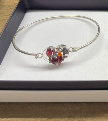 Beautiful handmade sterling silver heart bangle with real flowers by Shrieking Violet!