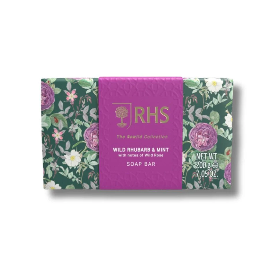 RHS rewild wild rhubarb and mint soap and hand cream duo.