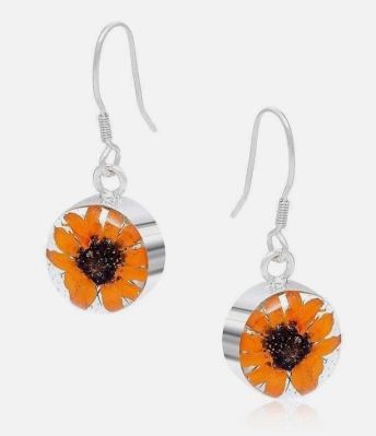 Sunflower sterling silver earrings, hand made with real flowers by Shrieking Violet.
