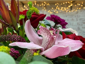 Deluxe red and pink hand tied bouquet in an included fishbowl vase.