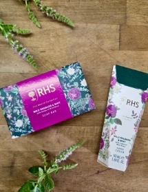 RHS rewild wild rhubarb and mint soap and hand cream duo.