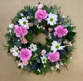 14” carnations and mixed flower wreath.