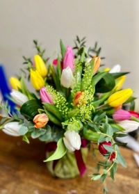 20 beautiful mixed tulips hand tied in an included eco vase.
